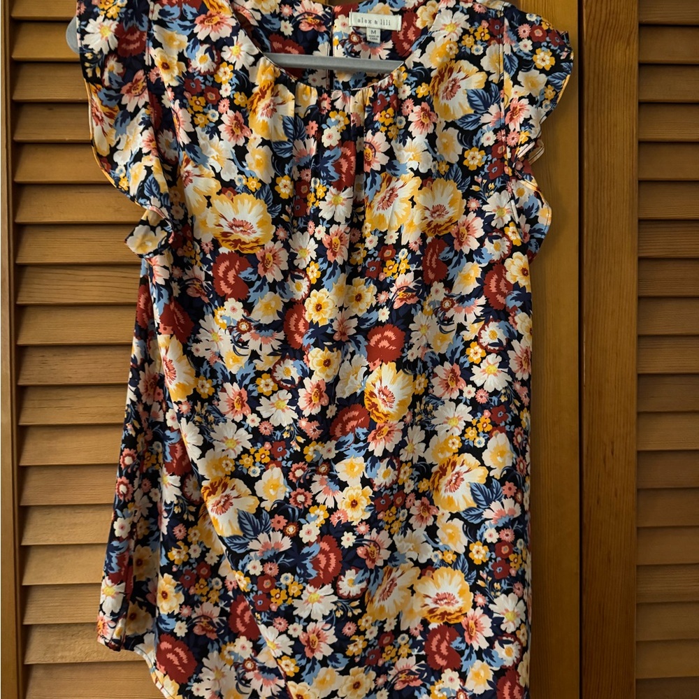 Blue and Yellow Ruffled Blouse with Bib Collar